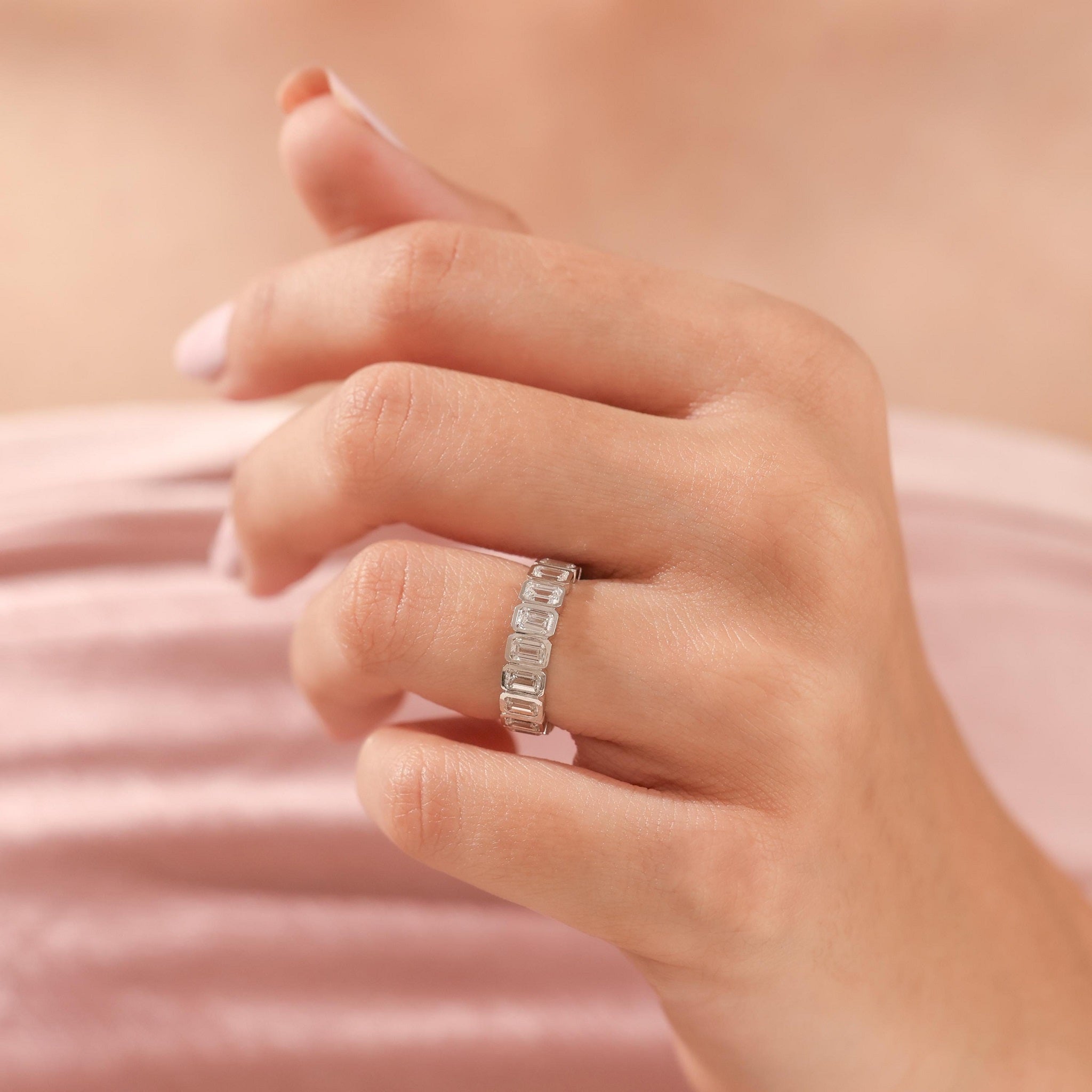 Bezel Set Full Eternity Emerald Cut Wedding Band - Carat Elara