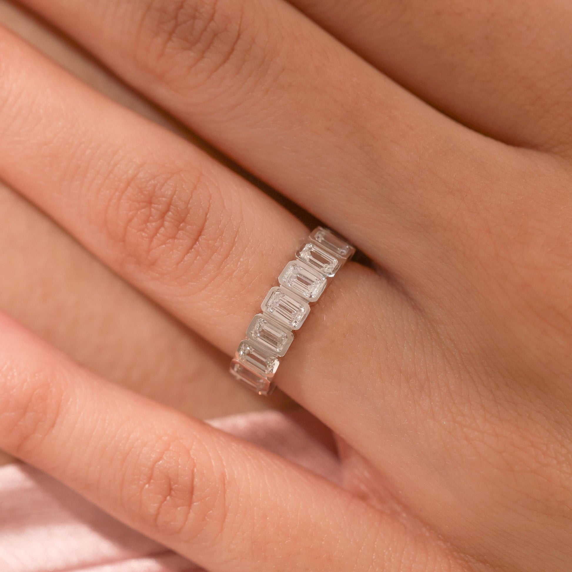 Bezel Set Full Eternity Emerald Cut Wedding Band - Carat Elara