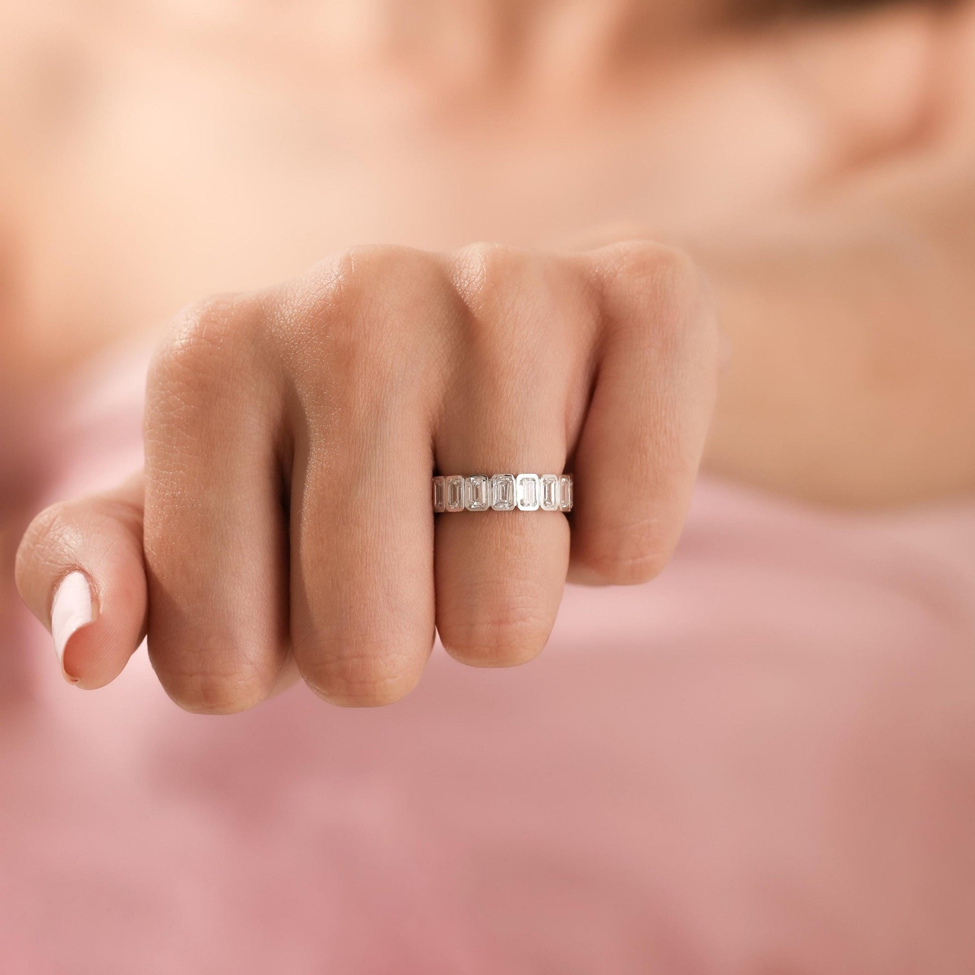 Bezel Set Full Eternity Emerald Cut Wedding Band - Carat Elara