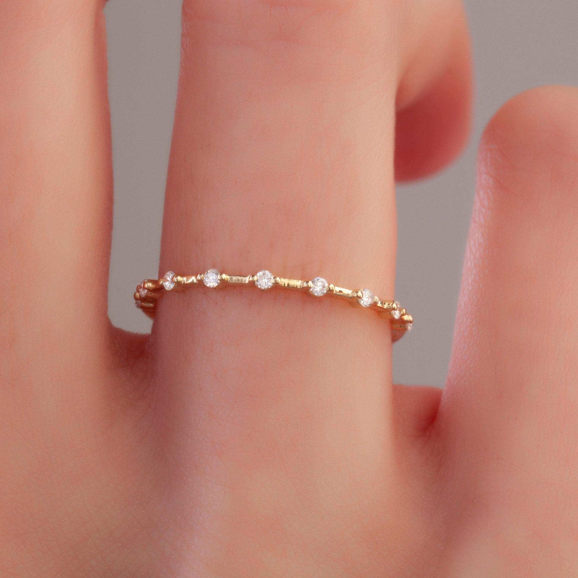 Minimalist Round Distance Pave Set Diamond Wedding Band - Carat Elara